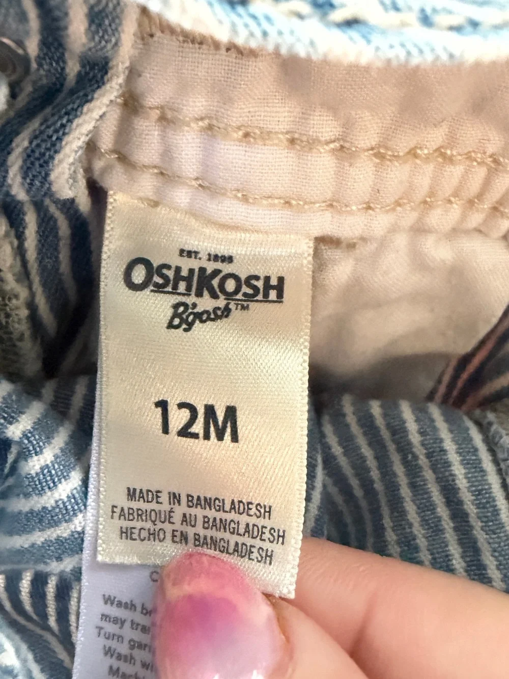 OshKosh B’gosh Baby Railroad Stripe Vestbak Shortalls Overalls 12M Blue White